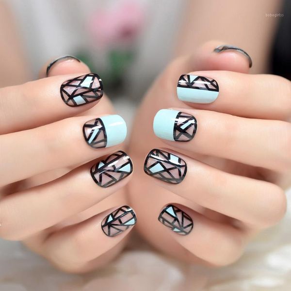 

short geometric pattern fake nails light blue pre-desiged false finger shiny round press on 24 pieces1, Red;gold