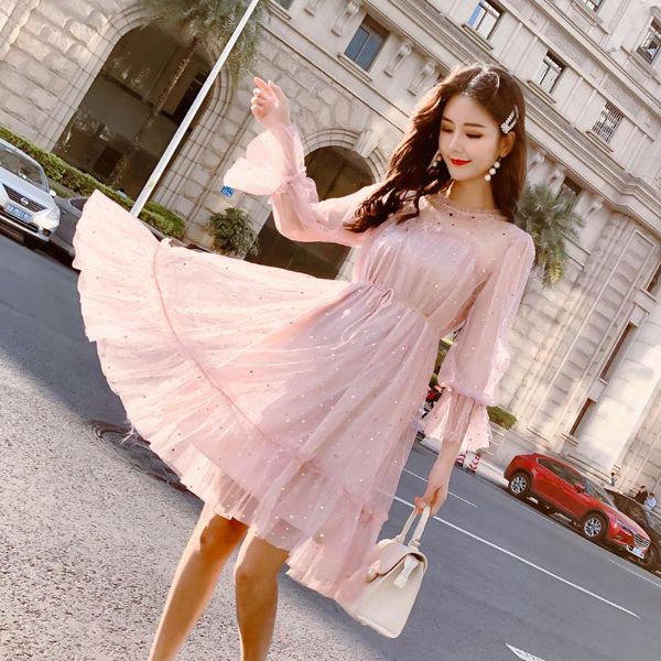 

casual dresses 2021 women summer flare sleeve star sequined mesh gauze bandage strap dress elegant elastic slim bling tulle voile pleated, Black;gray