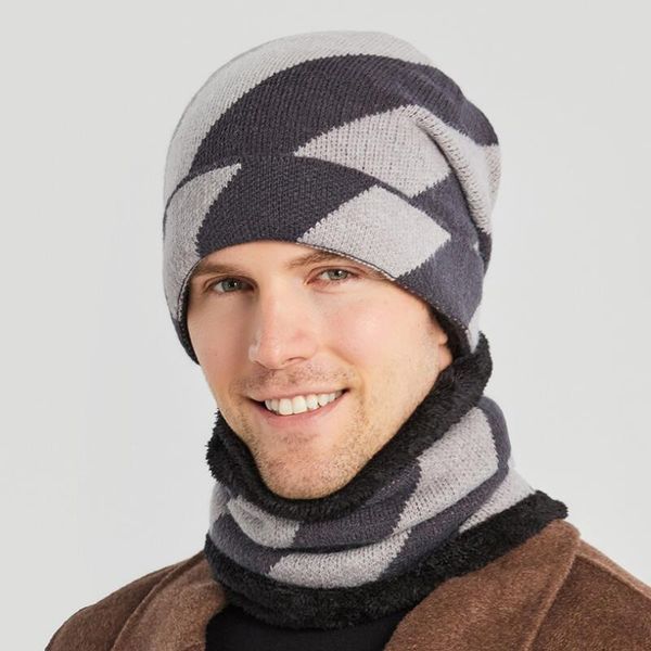 

hats, scarves & gloves sets 2-pieces stripe winter beanie hat scarf set thick fleece lined knit ski hats skull cap for men neck warmer cycli, Blue;gray