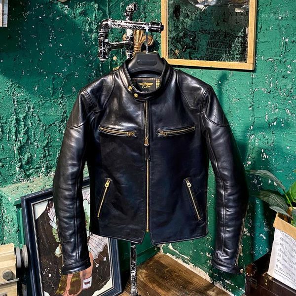 

men's leather & faux non-coated batik horse stand collar motorcycle jacket, Black