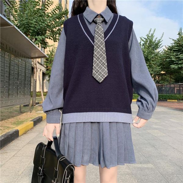 

casual dresses preppy style two piece dress women knitted vest and shirt with tie long sleeve female vestiods mini, Black;gray