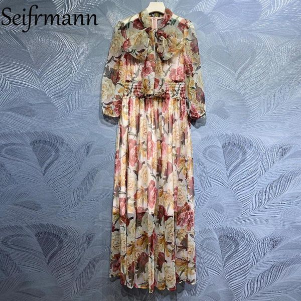 

casual dresses seifrmann 2021 summer women fashion runwayÂ long dress lantern sleeve bow ruffles elastic waist floral print holiday, Black;gray