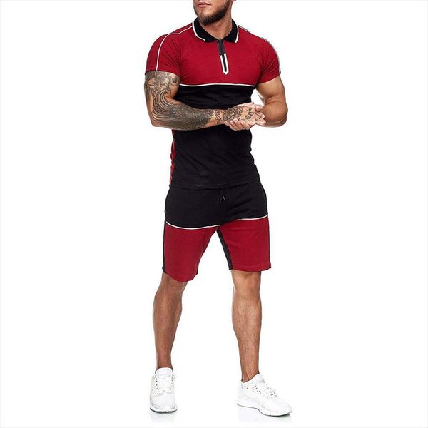 

short suit summer leisure men tracksuits clothing 2 block sports shirt t shorts, Gray