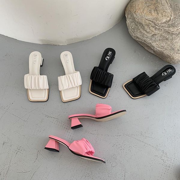 

slippers pink/white/black casual thick mid heels slip on mules shoes solid color fashion slides party pumps summer slide