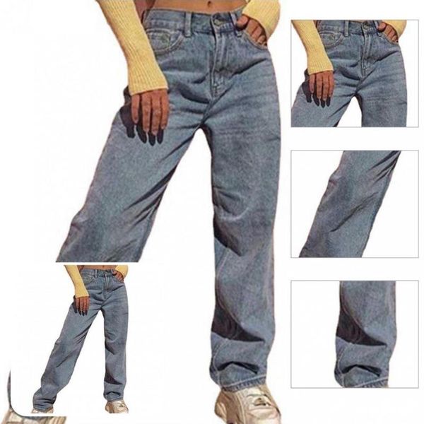 

women's jeans bottoms stylish ladies pockets wide leg female denim pants street wear, Blue