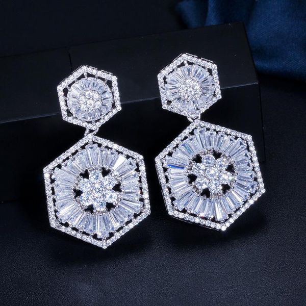 

stud fashion hexagonal zircon ear studs allergy-proof ladies exquisite earrings banquet wedding deluxe super shine jewelry, Golden;silver