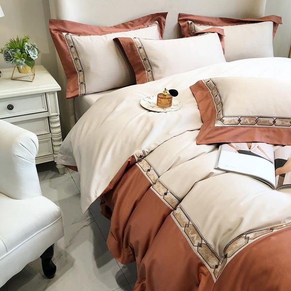 

bedding sets light luxury wind 120s long-staple cotton pure color embroidery four-piece set of high-end sample room bedd