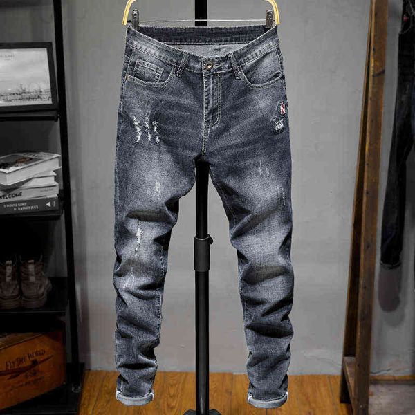 

men's jeans spring and summer high street broken hole zipper slim fit leggings side printed men's jeans, Blue