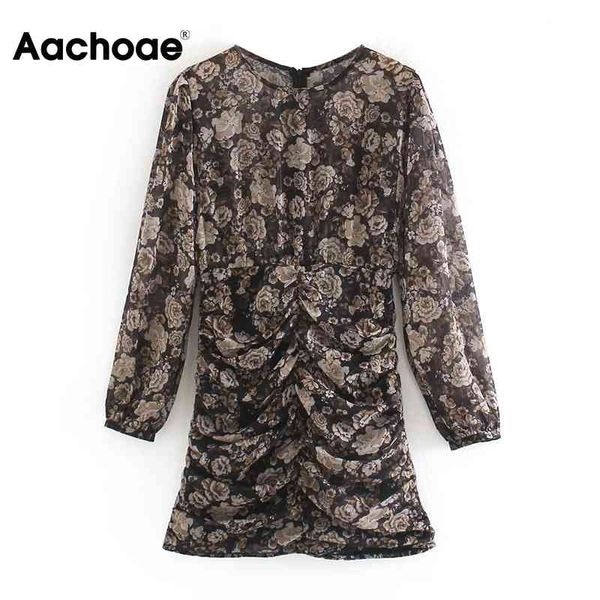

aachoae floral print bodycon dress o neck mini party dress see through sleeve sheath chiffon dress pleated sundress vestido 210413, Black;gray