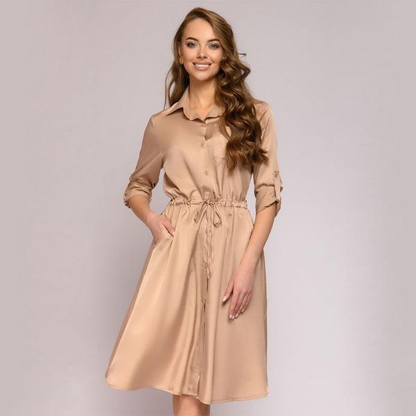 

women khaki satin mid dress casual turn-down collar long sleeve drawsting pockets party elegant silk shirt autumn dresses, Black;gray