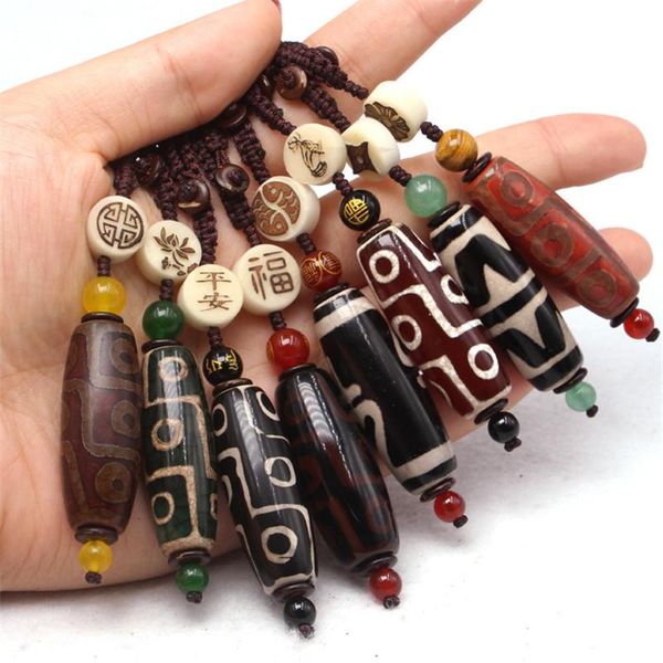 

keychains hand craft natural agat stone handbag purse holder retro healing 40mm buddha tibetan dzi agates nine eyed key chains, Silver