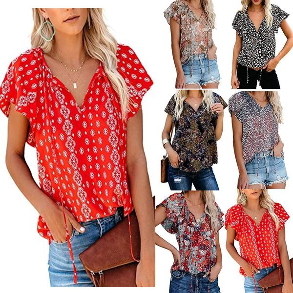 

women's casual print v-neck short-sleeved shirt loose-fitting for spring/summer 2021 women blouses t-shirt, White