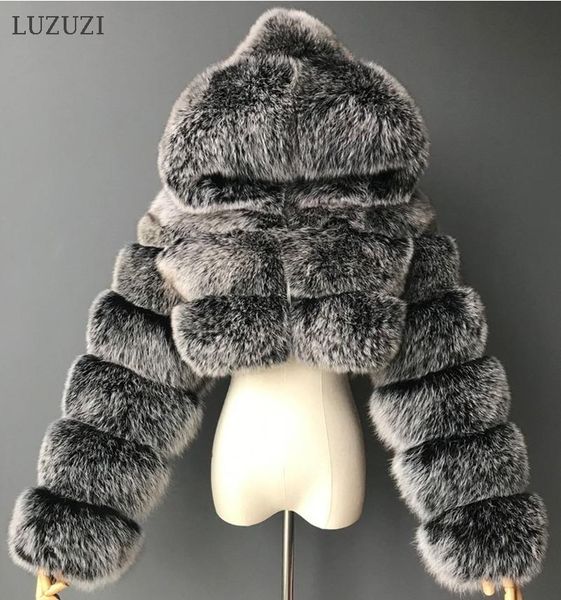

women's fur & faux luzuzi winter furry cropped coats women 2021 fluffy coat with hooded warm jacket ladies manteau femme, Black
