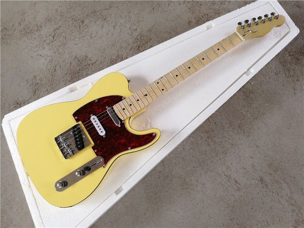 E-Gitarre mit gelbem Korpus, Ahornhals, rotem Perlmutt-Schlagbrett und Chrom-Hardware, bietet maßgeschneiderten Service