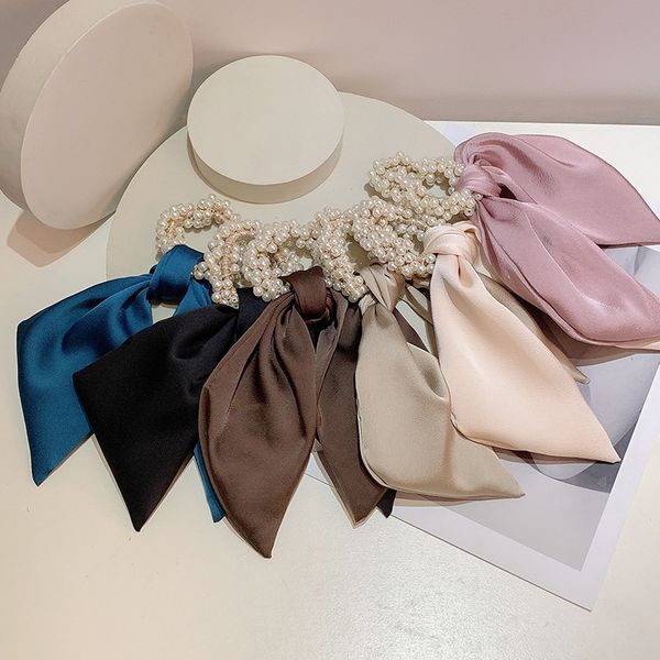 

pearl scrunchies hair rope hair accessories women solid color elastic beaded bow hair ring tie rubber band ribbon headwear, Pink