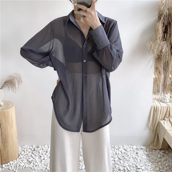 

women's blouses & shirts 2021 women elegant long sleeve shirt vintage beach sun protection ladies office fashion transparent haraj, White