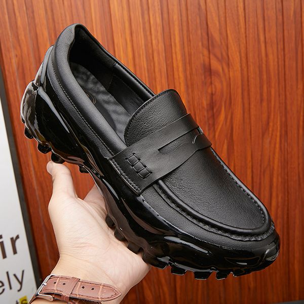 

loafers men thick sole genuine leather gentlemen driving boats fashion mens casual shoes, Black