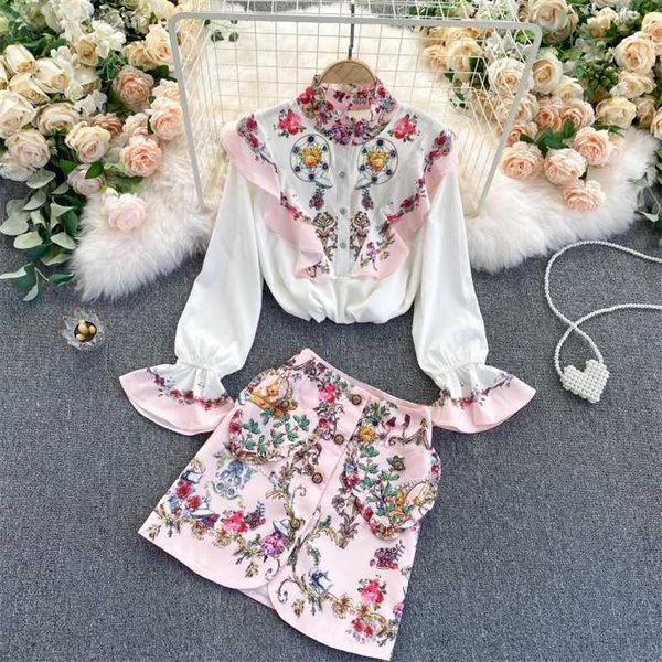 

style retro printing western style skirt suit two-piece suit ladies temperament ladies shirt all-match skirt trend 211108, White