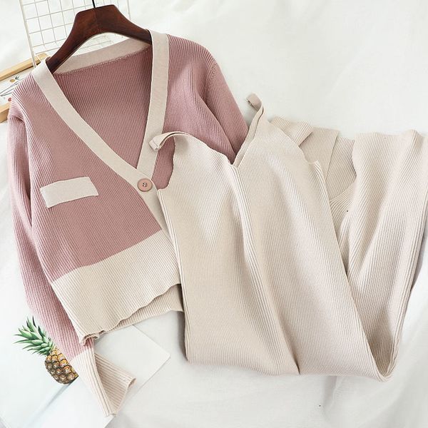 

korean autumn and winter simple color matching short knit sweater halter split two-piece suit 210525, White
