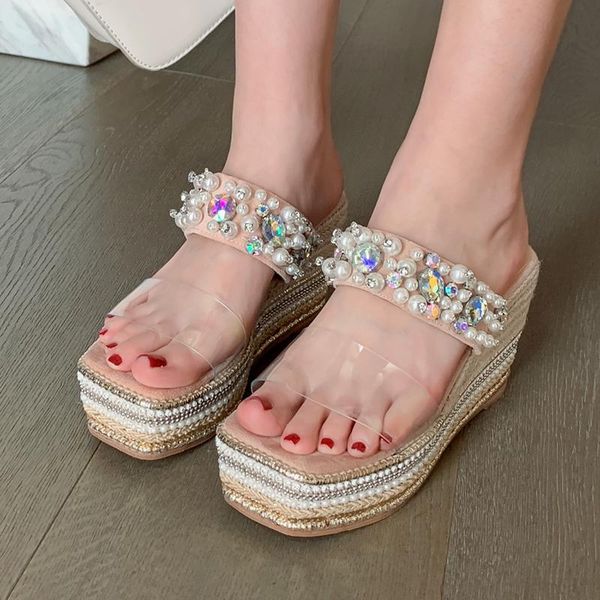 

slippers temperament platform ladies summer elegant beaded rhinestone slope heel high beach sandals, Black
