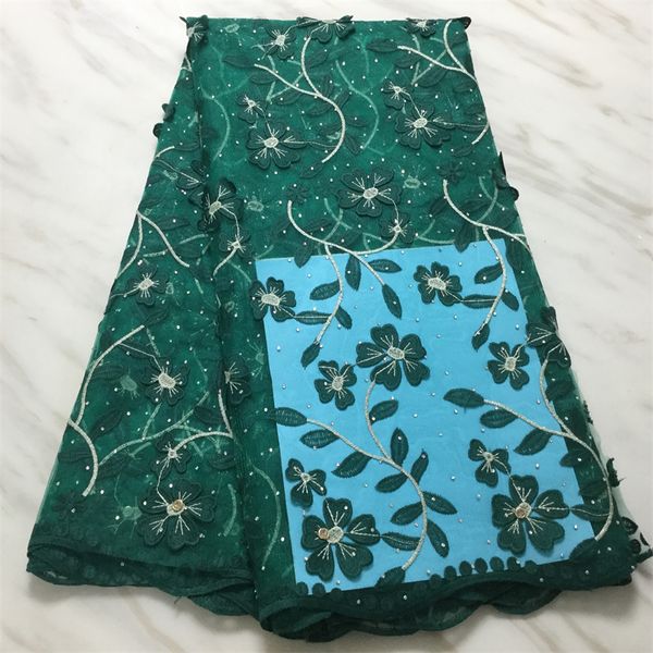 5yards / lote top venda verde francês rede de renda tecido flor bordado fósforo de cristal estilo africano de malha para vestir festa PL31307