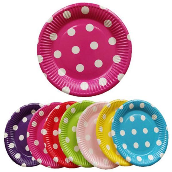 

disposable dinnerware 7 inch round plate multi-color white dot birthday party paper eco-friendly cake fruit tray picnic snack dishes