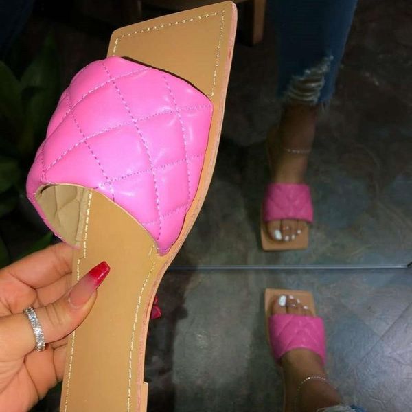 

candy colors women flat slippers diamond-shape outdoor beach shoes open square toe flats, Black