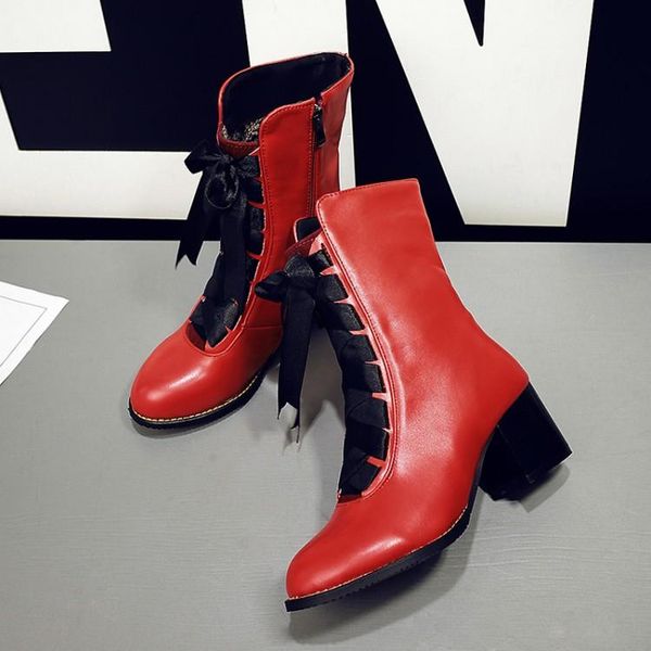 

boots oversized women shoes ankle for ladies woman winter ribbon cross band side zipper, Black