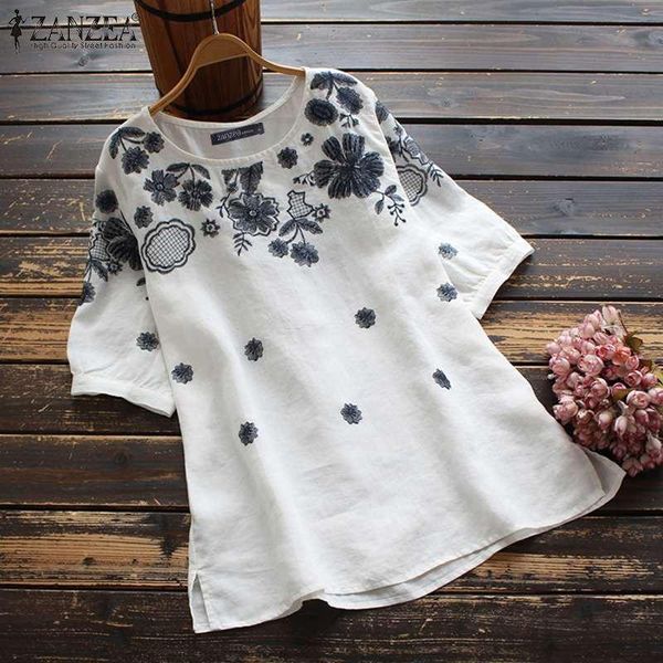 

women's blouses & shirts vintage embroidery floral 2022 casual half sleeve blusas female o neck split tunic plus size chemise, White