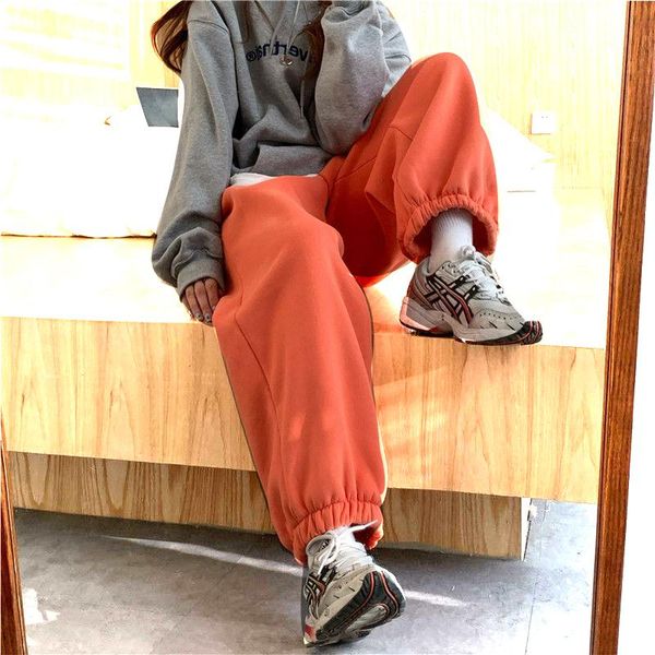 

women's spring autumn style trousers solid color high waist loose jogger pants thicker casual sports sweatpants kk0223 & capris, Black;white