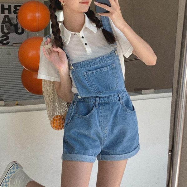 

women's shorts high street fashion blue denim overalls women casual pockets wide-leg 2021 summer cuffed jeans for woman, White;black