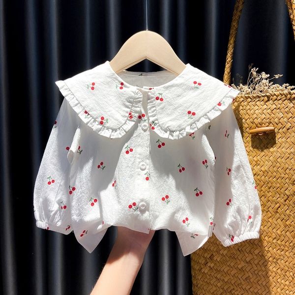 

children's 2021 new style cherry long sleeve lapel girl's shirt, Blue;red
