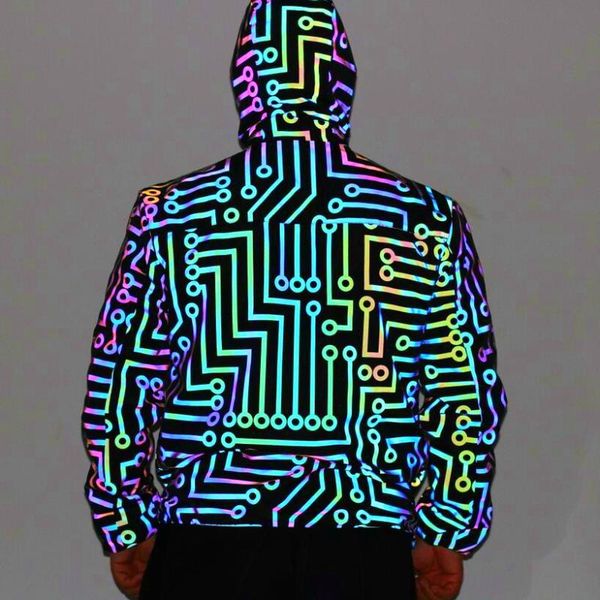 

men's jackets men geometric circuit lines colorful reflective hip hop windbreaker reflect light casual coats jaqueta masculina, Black;brown