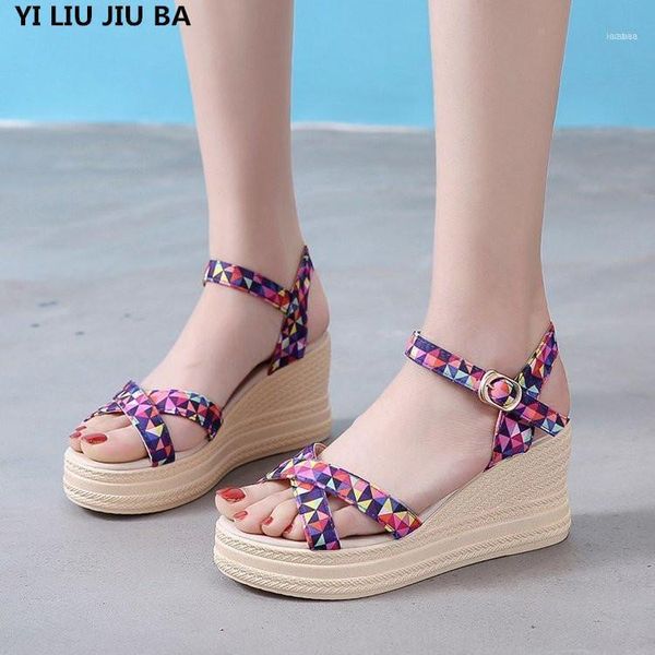 

dress shoes summer women floral beach wedge sandals ankle strap platform casual woman female high heels mujer11, Black