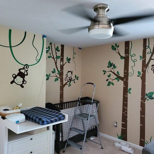 

wall stickers tree decal, jungle animals art, playful jumping monkey nursery decor, birch decal