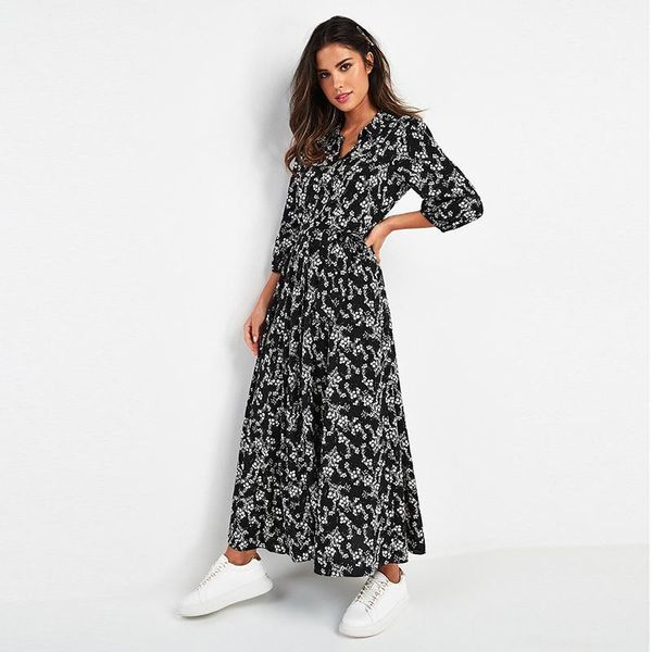 

casual dresses vintage floral print maxi dress women boho three quarter sleeve long sashes turn down collar shirt robe, Black;gray