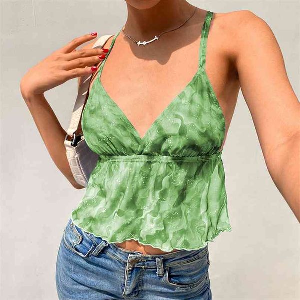 

paisley wave printed y2k mesh bandage camis crop for girls with thin strap women summer backless v neck shirt tee 210510, White