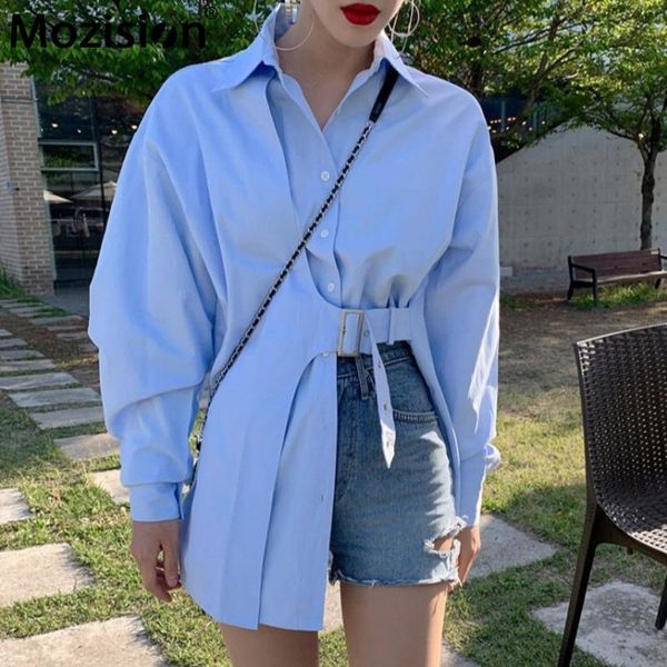 

mozision 2021 spring autumn blusas long-sleeved simple fashion trend ladies blue irregular shirt coat plus size blouse women's blouses, White