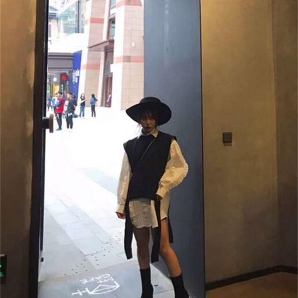 

women blouses 2pcs 1 set high street ruffles wood ears white and black shirt lacing up knitting sweater vests femme vestido