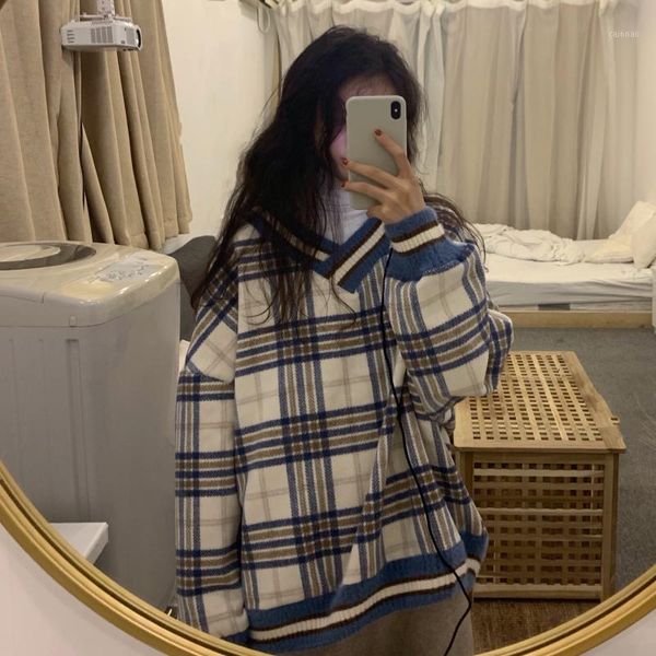 

women's sweaters college style sweater fall/winter retro plaid pullover loose and lazy v-neck, White;black