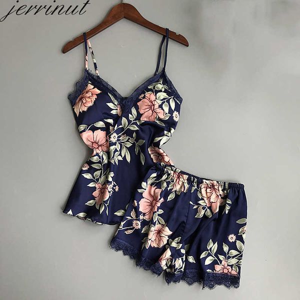 Jerrinut Mujeres Ropa de dormir Seda Pijamas Conjunto Camisones Lencería sexy Verano Seda Satén Encaje Mangas Ropa para el hogar con almohadilla para el pecho 210622