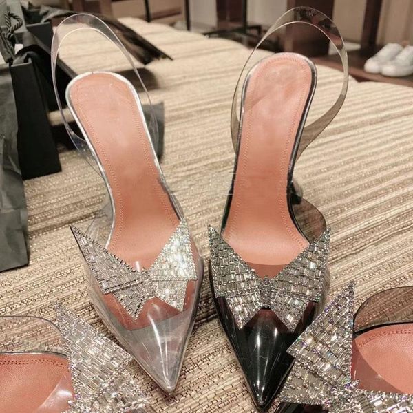 

dress shoes italian fashion see-through pvc pumps crystal butterfly pointed toe high heels slingback ankle strap women, Black