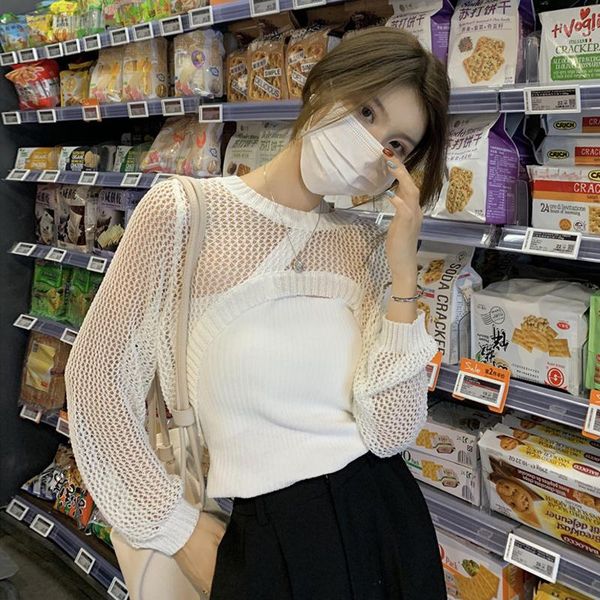 

women's sweaters women pullover sweet spicy girl sweater spring and autumn shawl over blouse 2021 hollow thin short upper garment, White;black