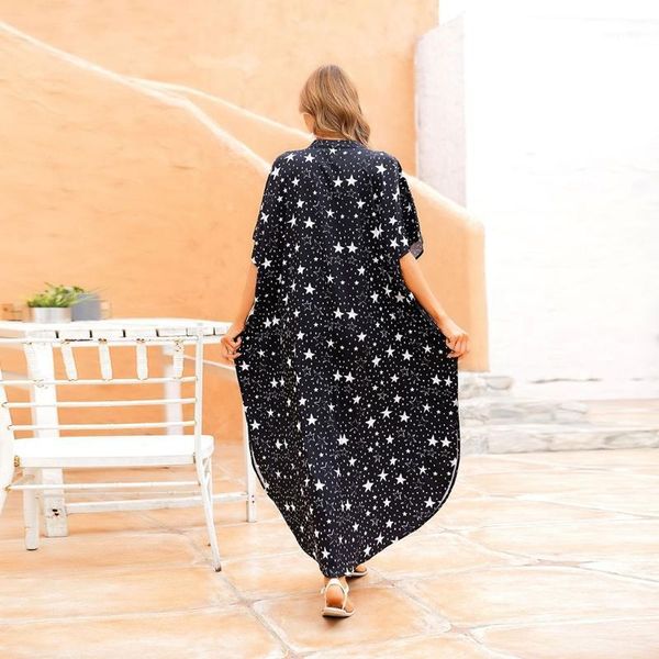

women's swimwear women boho five-pointed star print beach shirt dress button down oversized loose long kaftan sunscreen bikini swimsuit, White;black
