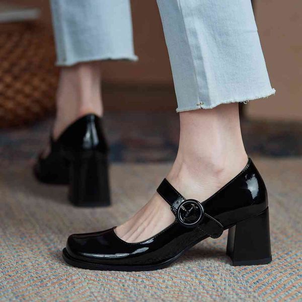 

sandals fashion genuine leather comfy lady square toe buckle med heel marry janes shoes women solid pumps, Black