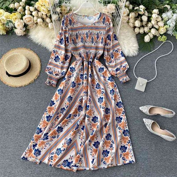 

spring women's dress retro printing round neck long-sleeved korean was thin and large swing female es ll085 210506, Black;gray
