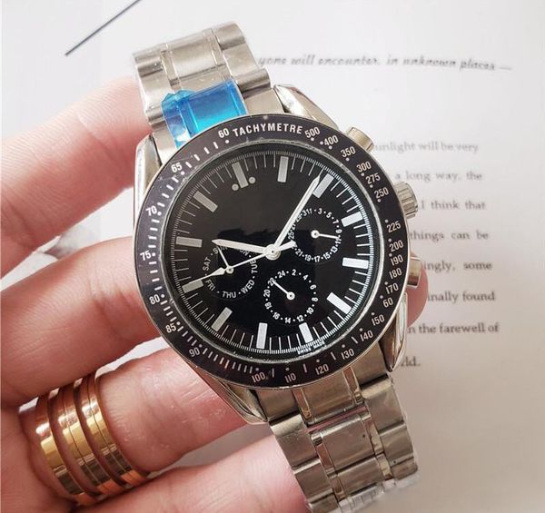 

wholesale fashion mens luxury watch stainless steel moonwatch all dial work designer automatic movement mechanical watches male sport clock, Slivery;brown