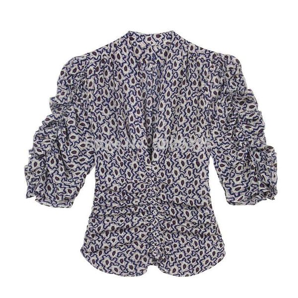 

[elfstyle] - silk print andora blouse v-neck ruffled sleeves ruched waist asymmetric hem fashion woman women's blouses, White