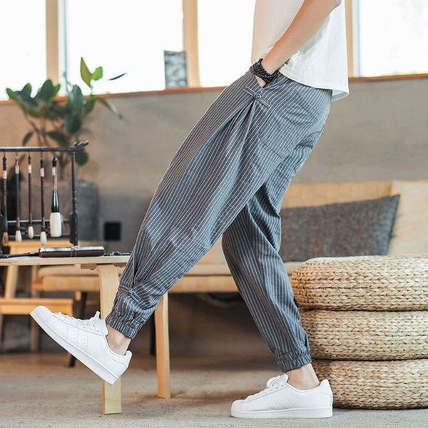 

men's pants spring summer men harem casual striped trousers soft cotton linen ankle-length male loose bottoms plus size m-5xl, Black