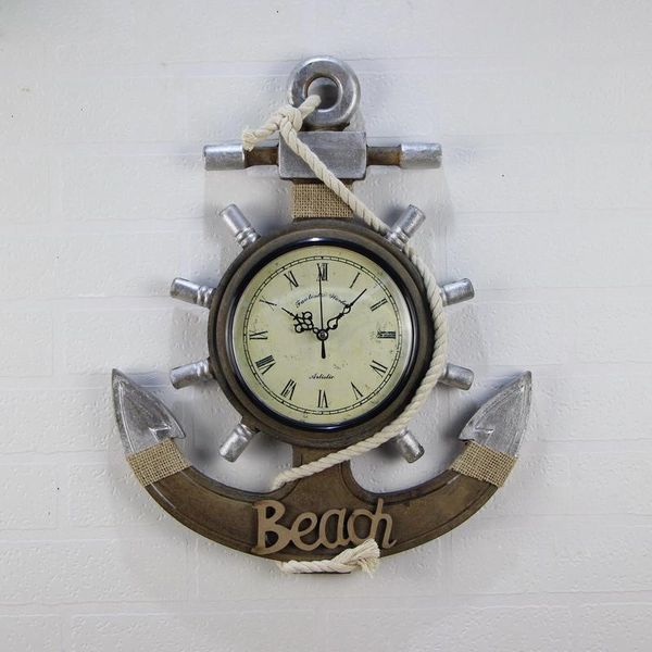 

wall clocks vintage wood anchor clock beach sea theme nautical ship wheel rudder steering hanging decoration
